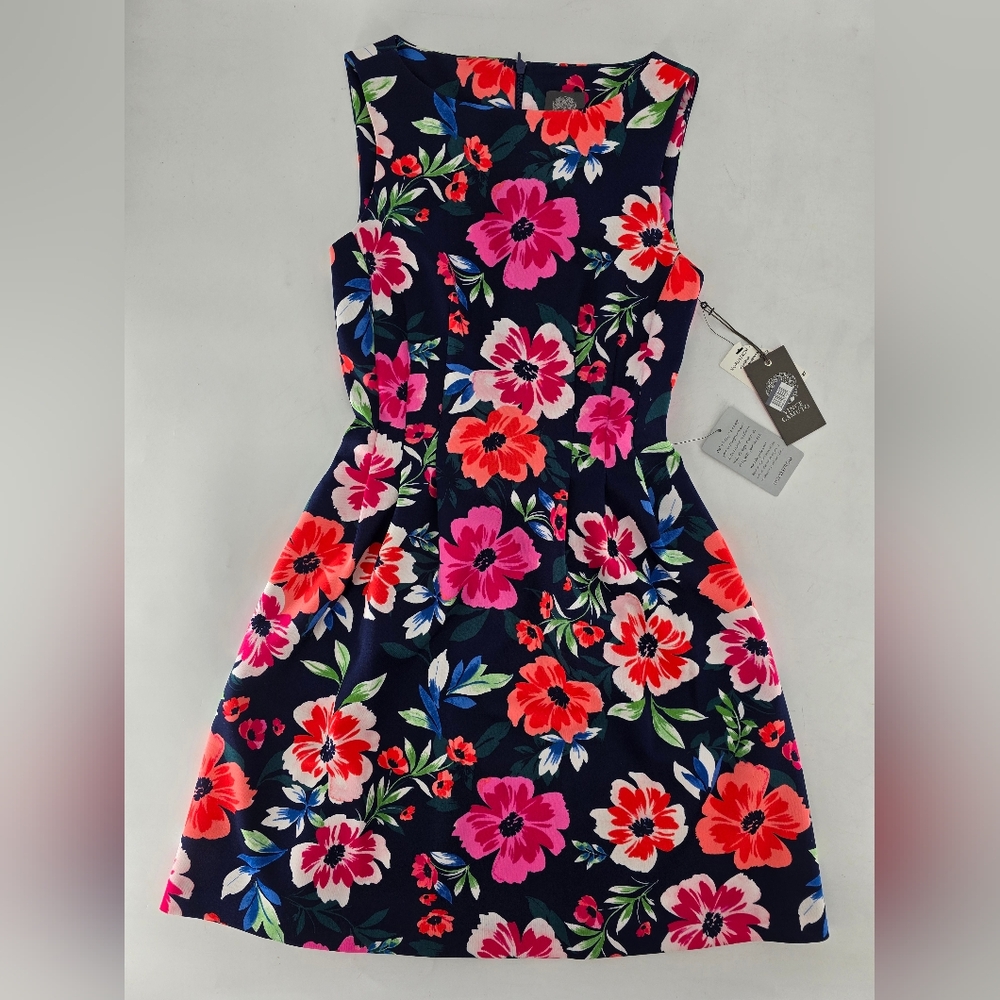 Vince Camuto Navy Floral Midi Dress with Pink and Red Accents